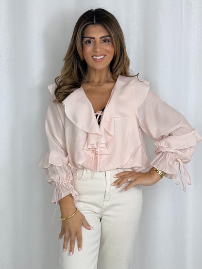 Ruffle V-Neck Long Sleeve Blouse (2 Colours)